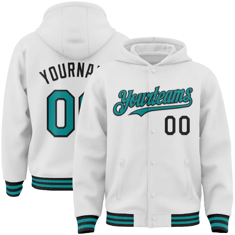 Trendy Unisex Streetwear Fashion Clearance Event Custom White Teal-Black Bomber Full-Snap Varsity Letterman Hoodie Jacket Trendy Unisex Streetwear Fashion Clearance Event Custom White Teal-Black Bomber Full-Snap Varsity Letterman Hoodie Jacket