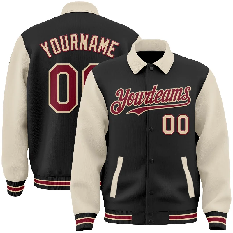 Versatile Clothing For All Genders Best Deals Of The Season Custom Black Crimson Cream-City Cream Bomber Full-Snap Varsity Letterman Two Tone Lapel Collar Byron Jacket