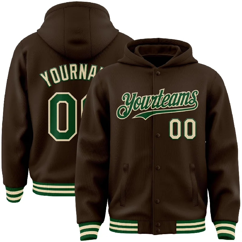 Classic And Timeless Gender-Neutral Fashion Budget Saver Custom Brown Green-Cream Bomber Full-Snap Varsity Letterman Hoodie Jacket Classic And Timeless Gender-Neutral Fashion Budget Saver Custom Brown Green-Cream Bomber Full-Snap Varsity Letterman Hoodie Jacket