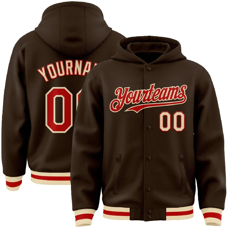 Sustainable Gender-Neutral Apparel Mega Sales Custom Brown Red-Cream Bomber Full-Snap Varsity Letterman Hoodie Jacket Sustainable Gender-Neutral Apparel Mega Sales Custom Brown Red-Cream Bomber Full-Snap Varsity Letterman Hoodie Jacket