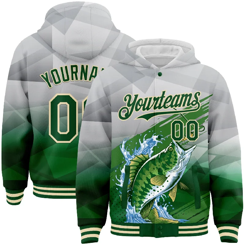Fashion-Forward Gender-Neutral Outerwear Insane Discount Onslaught Custom Gray Green-Cream Largemouth Bass Fish Fishing 3D Bomber Full-Snap Varsity Letterman Hoodie Jacket