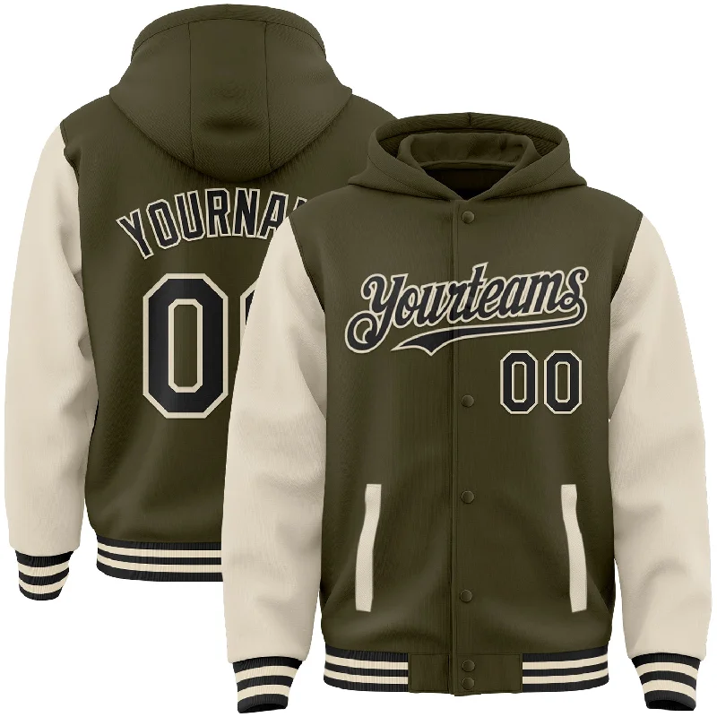 Oversized Unisex Apparel For Effortless Style New In This Season Custom Olive Black-Cream Bomber Full-Snap Varsity Letterman Two Tone Salute To Service Hoodie Jacket Oversized Unisex Apparel For Effortless Style New In This Season Custom Olive Black-Cream Bomber Full-Snap Varsity Letterman Two Tone Salute To Service Hoodie Jacket