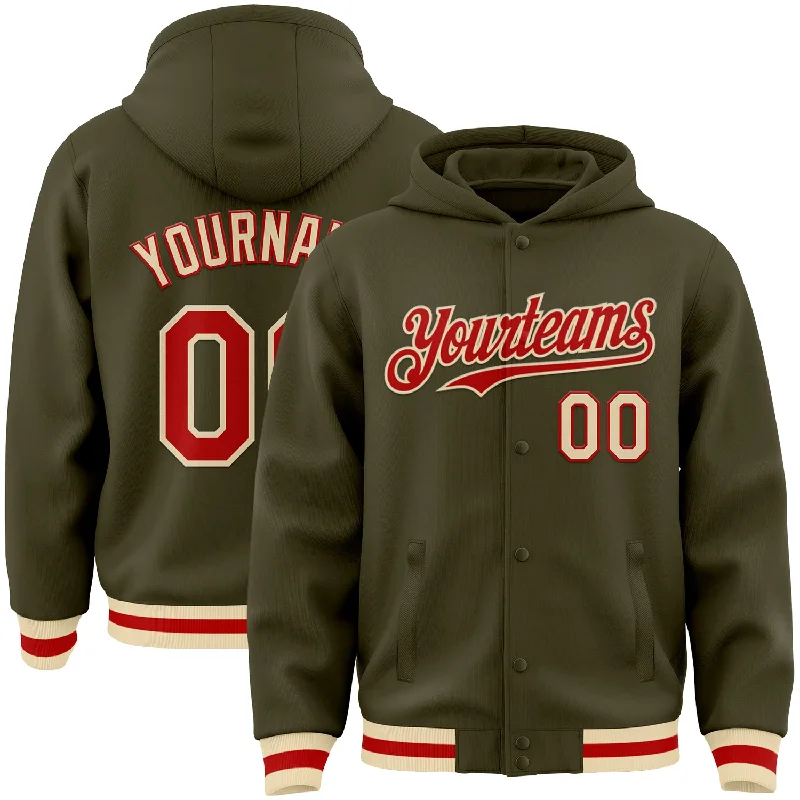 Urban-Inspired Unisex Fashion Pieces Statement Fashion Offers Custom Olive Red-Cream Bomber Full-Snap Varsity Letterman Salute To Service Hoodie Jacket
