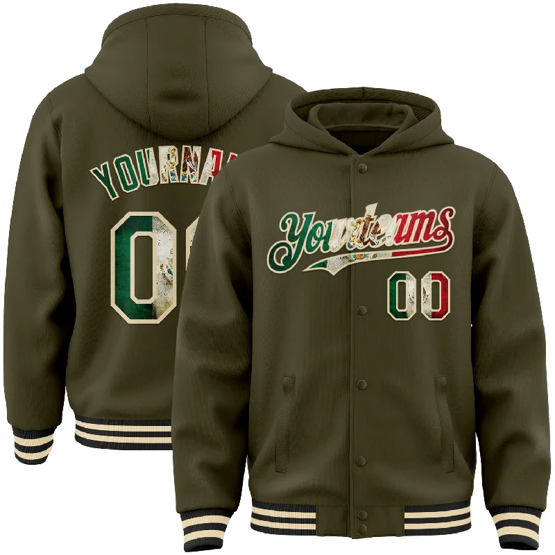 Gender-Neutral Fashion For Everyday Style Fashionable Comfort Promotions Custom Olive Vintage Mexican Flag Cream-Black Bomber Full-Snap Varsity Letterman Salute To Service Hoodie Jacket Gender-Neutral Fashion For Everyday Style Fashionable Comfort Promotions Custom Olive Vintage Mexican Flag Cream-Black Bomber Full-Snap Varsity Letterman Salute To Service Hoodie Jacket