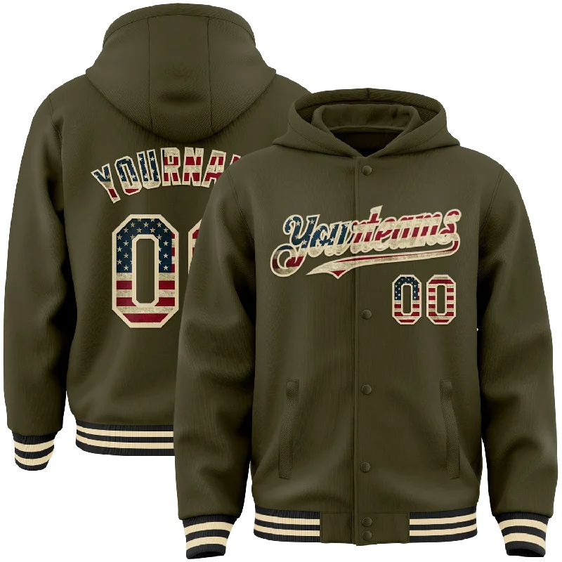 Modern Unisex Clothing For Any Occasion Classic Modern Offers Custom Olive Vintage USA Flag Cream-Black Bomber Full-Snap Varsity Letterman Salute To Service Hoodie Jacket Modern Unisex Clothing For Any Occasion Classic Modern Offers Custom Olive Vintage USA Flag Cream-Black Bomber Full-Snap Varsity Letterman Salute To Service Hoodie Jacket