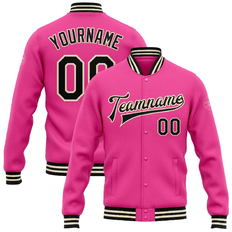 Modern Unisex Streetwear Outfits Seasonal Trends Custom Pink Black-Cream Bomber Full-Snap Varsity Letterman Jacket Modern Unisex Streetwear Outfits Seasonal Trends Custom Pink Black-Cream Bomber Full-Snap Varsity Letterman Jacket