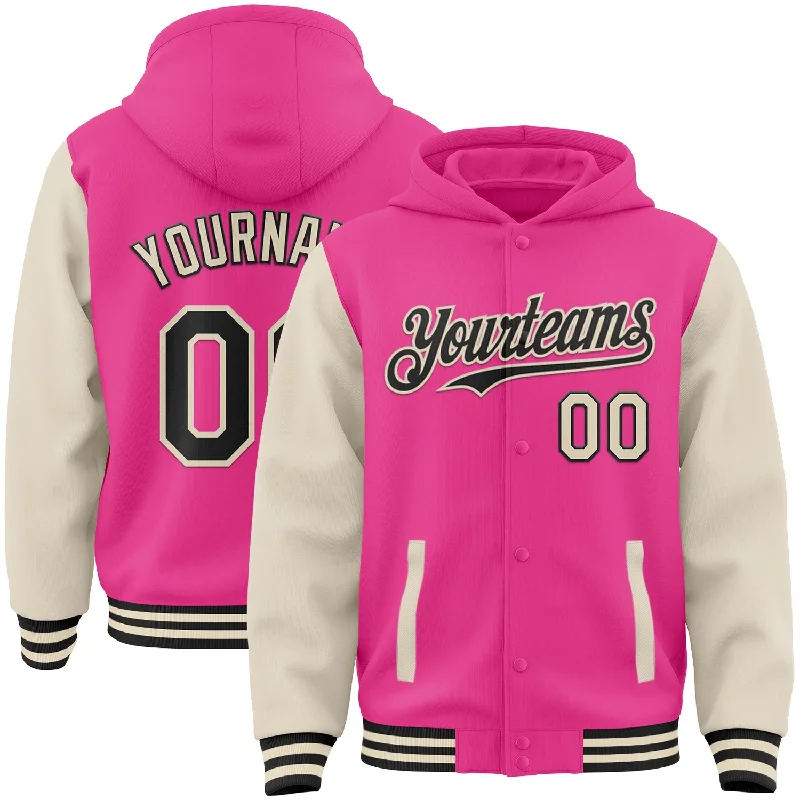 Minimalist Unisex Wardrobe Must-Haves Relaxed Style Deals Custom Pink Black-Cream Bomber Full-Snap Varsity Letterman Two Tone Hoodie Jacket Minimalist Unisex Wardrobe Must-Haves Relaxed Style Deals Custom Pink Black-Cream Bomber Full-Snap Varsity Letterman Two Tone Hoodie Jacket