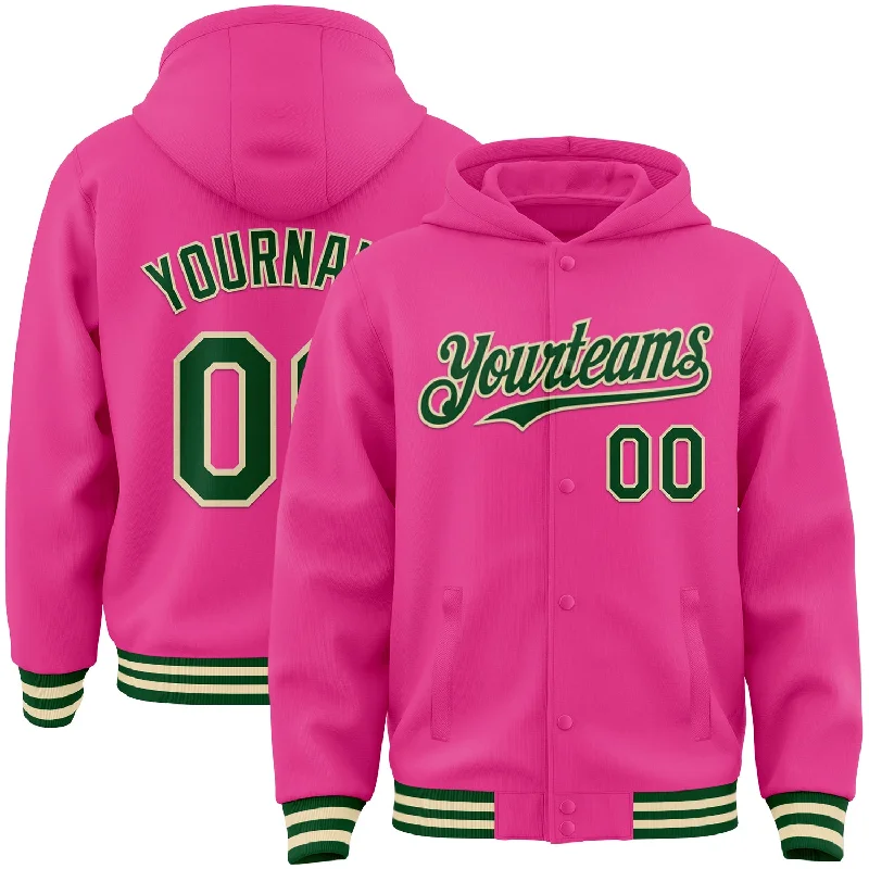 Bold And Trendy Gender-Neutral Outfits Chic And Trendy Custom Pink Green-Cream Bomber Full-Snap Varsity Letterman Hoodie Jacket Bold And Trendy Gender-Neutral Outfits Chic And Trendy Custom Pink Green-Cream Bomber Full-Snap Varsity Letterman Hoodie Jacket