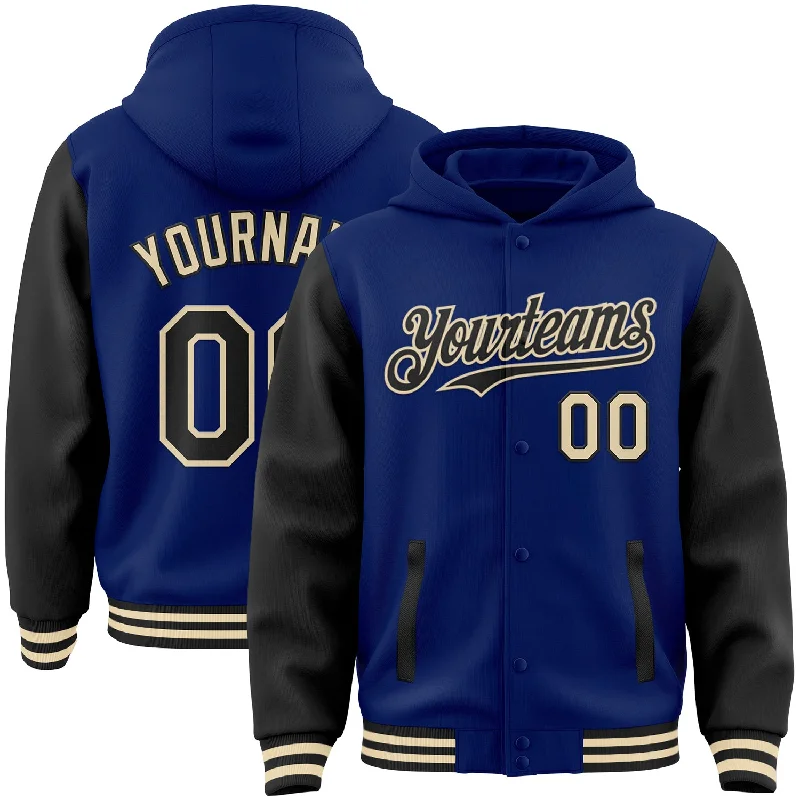 Trendy Unisex Shop The Hottest Deals Custom Royal Black-Cream Bomber Full-Snap Varsity Letterman Two Tone Hoodie Jacket Trendy Unisex Shop The Hottest Deals Custom Royal Black-Cream Bomber Full-Snap Varsity Letterman Two Tone Hoodie Jacket