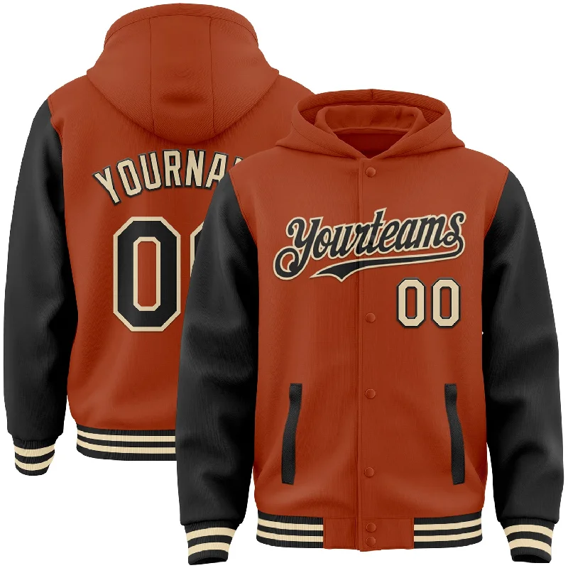 Sleek And Contemporary Gender-Free Outfits Latest Fashion Custom Texas Orange Black-Cream Bomber Full-Snap Varsity Letterman Two Tone Hoodie Jacket Sleek And Contemporary Gender-Free Outfits Latest Fashion Custom Texas Orange Black-Cream Bomber Full-Snap Varsity Letterman Two Tone Hoodie Jacket