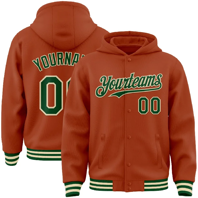 Sustainable And Ethical Unisex Clothing Street Style Discounts Custom Texas Orange Green-Cream Bomber Full-Snap Varsity Letterman Hoodie Jacket Sustainable And Ethical Unisex Clothing Street Style Discounts Custom Texas Orange Green-Cream Bomber Full-Snap Varsity Letterman Hoodie Jacket