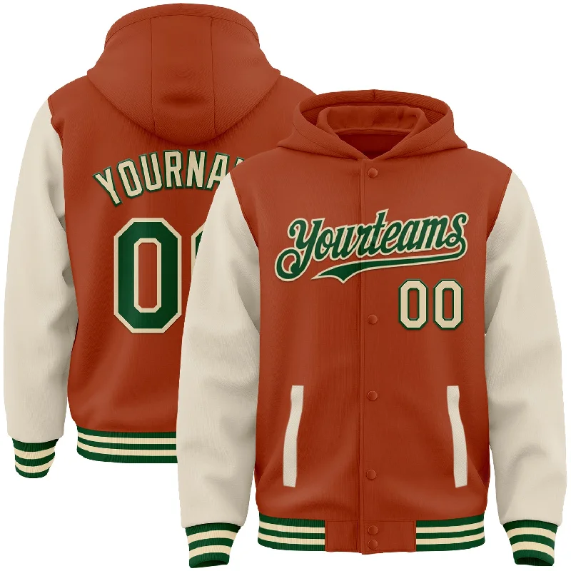Versatile Unisex Layering Pieces Save Big Custom Texas Orange Green-Cream Bomber Full-Snap Varsity Letterman Two Tone Hoodie Jacket Versatile Unisex Layering Pieces Save Big Custom Texas Orange Green-Cream Bomber Full-Snap Varsity Letterman Two Tone Hoodie Jacket
