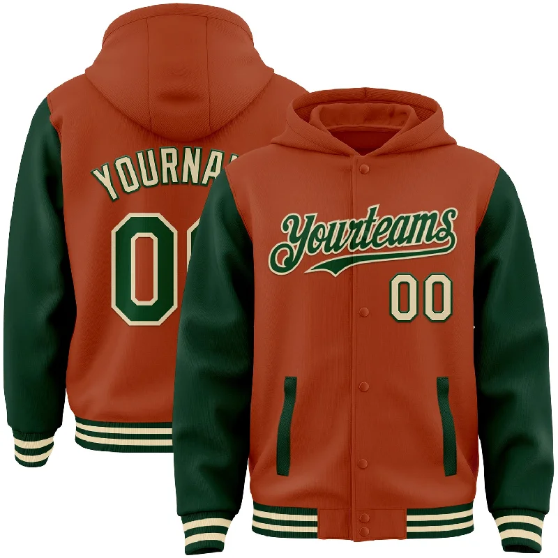 Sleek And Comfortable Unisex Wear Timeless Elegance Redefined Custom Texas Orange Green-Cream Bomber Full-Snap Varsity Letterman Two Tone Hoodie Jacket Sleek And Comfortable Unisex Wear Timeless Elegance Redefined Custom Texas Orange Green-Cream Bomber Full-Snap Varsity Letterman Two Tone Hoodie Jacket