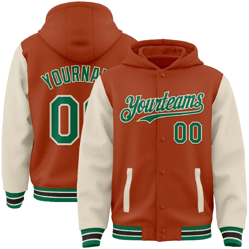 Chic And Casual Unisex Fashion Trends Evening Elegance Custom Texas Orange Kelly Green-Cream Bomber Full-Snap Varsity Letterman Two Tone Hoodie Jacket Chic And Casual Unisex Fashion Trends Evening Elegance Custom Texas Orange Kelly Green-Cream Bomber Full-Snap Varsity Letterman Two Tone Hoodie Jacket