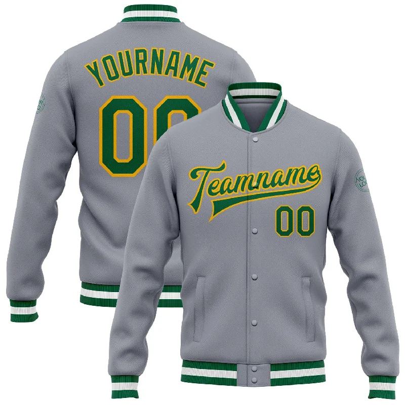 Contemporary Gender-Free Clothing Styles Timeless Style Promotions Custom Gray Kelly Green-Gold Bomber Full-Snap Varsity Letterman Jacket Contemporary Gender-Free Clothing Styles Timeless Style Promotions Custom Gray Kelly Green-Gold Bomber Full-Snap Varsity Letterman Jacket