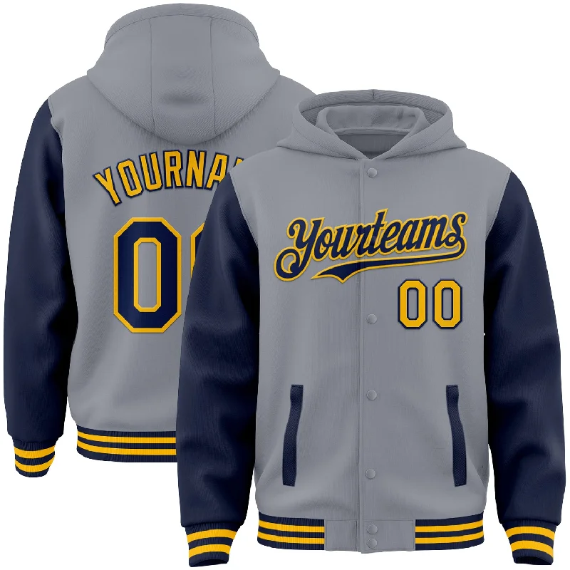 Modern Unisex Wardrobe Staples Cozy Comfort Style Sale Custom Gray Navy-Gold Bomber Full-Snap Varsity Letterman Two Tone Hoodie Jacket Modern Unisex Wardrobe Staples Cozy Comfort Style Sale Custom Gray Navy-Gold Bomber Full-Snap Varsity Letterman Two Tone Hoodie Jacket