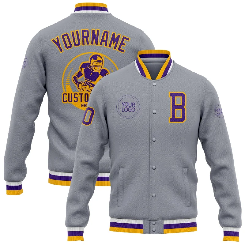Functional And Stylish Unisex Wear Stylish Savings Custom Gray Purple-Gold Bomber Full-Snap Varsity Letterman Jacket Functional And Stylish Unisex Wear Stylish Savings Custom Gray Purple-Gold Bomber Full-Snap Varsity Letterman Jacket