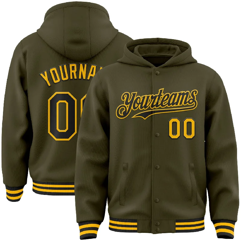 Versatile Clothing For All Genders Vibrant Style Promotions Custom Olive Black-Gold Bomber Full-Snap Varsity Letterman Salute To Service Hoodie Jacket Versatile Clothing For All Genders Vibrant Style Promotions Custom Olive Black-Gold Bomber Full-Snap Varsity Letterman Salute To Service Hoodie Jacket