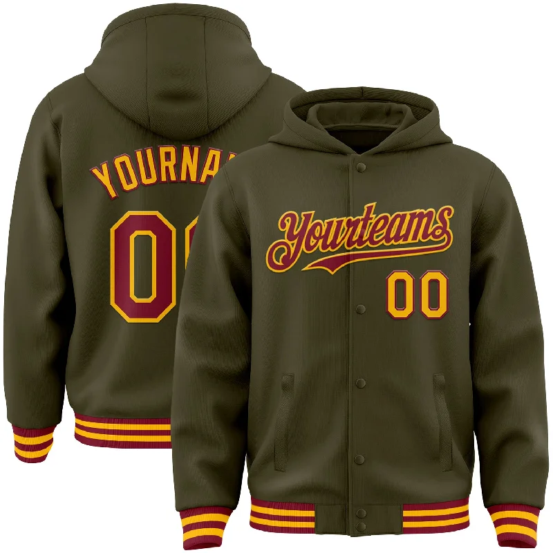 Versatile Unisex Layering Pieces Classic Chic Deals Custom Olive Crimson-Gold Bomber Full-Snap Varsity Letterman Salute To Service Hoodie Jacket Versatile Unisex Layering Pieces Classic Chic Deals Custom Olive Crimson-Gold Bomber Full-Snap Varsity Letterman Salute To Service Hoodie Jacket
