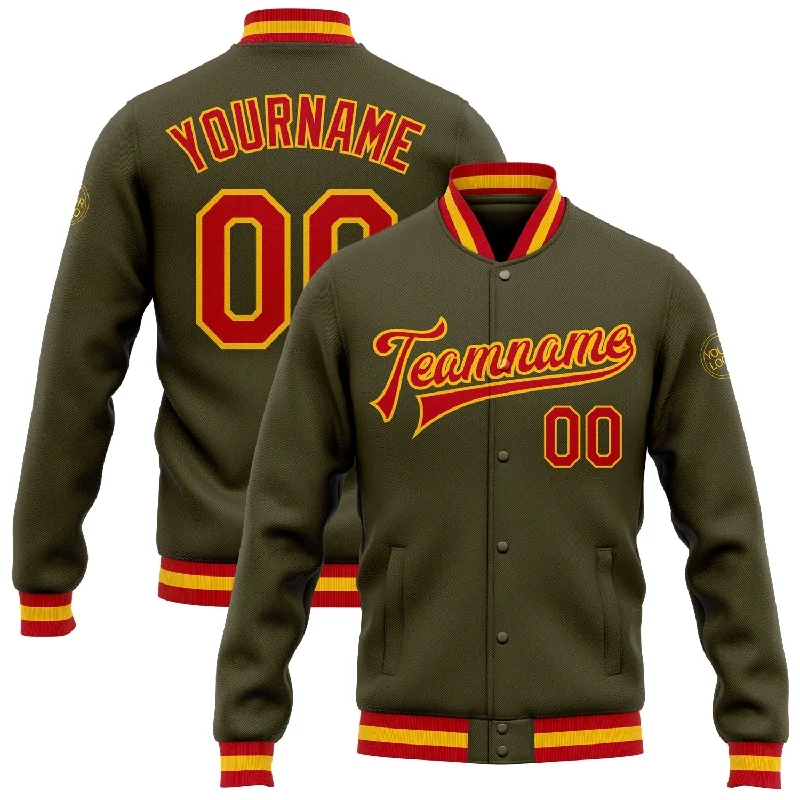 Unisex Casual Wear For All Seasons Affordable Luxury Fashion Custom Olive Red-Gold Bomber Full-Snap Varsity Letterman Salute To Service Jacket Unisex Casual Wear For All Seasons Affordable Luxury Fashion Custom Olive Red-Gold Bomber Full-Snap Varsity Letterman Salute To Service Jacket