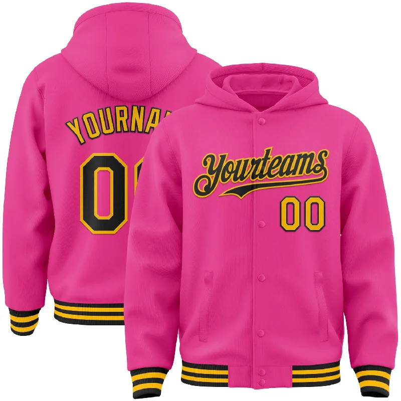 Minimalist Unisex Fashion Must-Haves Buy More, Save More Custom Pink Black-Gold Bomber Full-Snap Varsity Letterman Hoodie Jacket Minimalist Unisex Fashion Must-Haves Buy More, Save More Custom Pink Black-Gold Bomber Full-Snap Varsity Letterman Hoodie Jacket