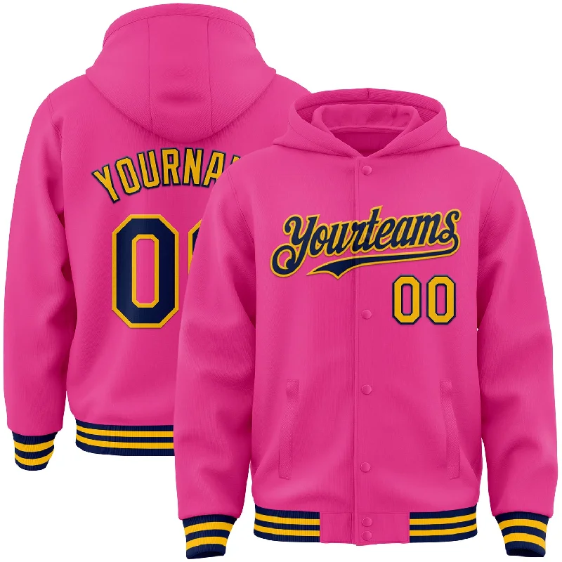 Versatile And Stylish Unisex Apparel Seasonal Style Discounts Custom Pink Navy-Gold Bomber Full-Snap Varsity Letterman Hoodie Jacket Versatile And Stylish Unisex Apparel Seasonal Style Discounts Custom Pink Navy-Gold Bomber Full-Snap Varsity Letterman Hoodie Jacket