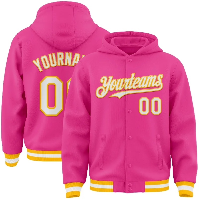 Relaxed-Fit Unisex Clothing Options Luxe Style Discounts Custom Pink White-Gold Bomber Full-Snap Varsity Letterman Hoodie Jacket Relaxed-Fit Unisex Clothing Options Luxe Style Discounts Custom Pink White-Gold Bomber Full-Snap Varsity Letterman Hoodie Jacket