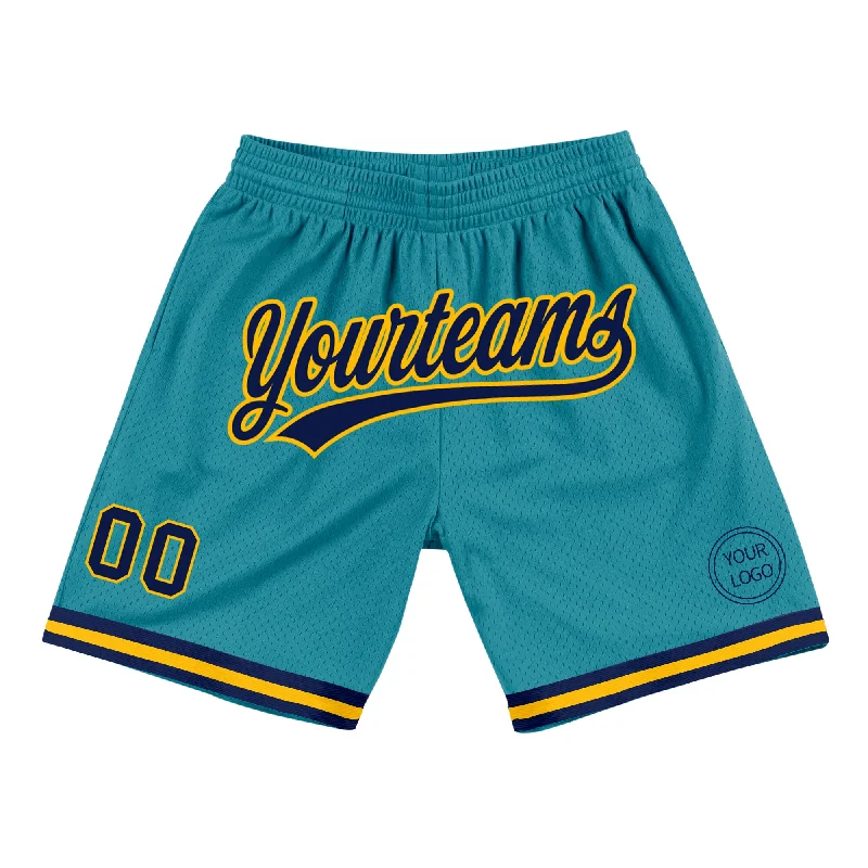 Classic And Timeless Unisex Style Exclusive Discount Custom Teal Navy-Gold Authentic Throwback Basketball Shorts Classic And Timeless Unisex Style Exclusive Discount Custom Teal Navy-Gold Authentic Throwback Basketball Shorts