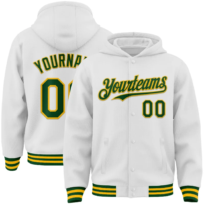 Classic And Timeless Gender-Neutral Fashion The Latest Fashion Trends Custom White Green-Gold Bomber Full-Snap Varsity Letterman Hoodie Jacket Classic And Timeless Gender-Neutral Fashion The Latest Fashion Trends Custom White Green-Gold Bomber Full-Snap Varsity Letterman Hoodie Jacket