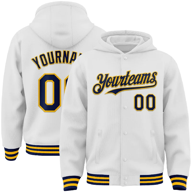 Sleek And Contemporary Gender-Free Outfits Break Fashion Norms Custom White Navy-Gold Bomber Full-Snap Varsity Letterman Hoodie Jacket Sleek And Contemporary Gender-Free Outfits Break Fashion Norms Custom White Navy-Gold Bomber Full-Snap Varsity Letterman Hoodie Jacket