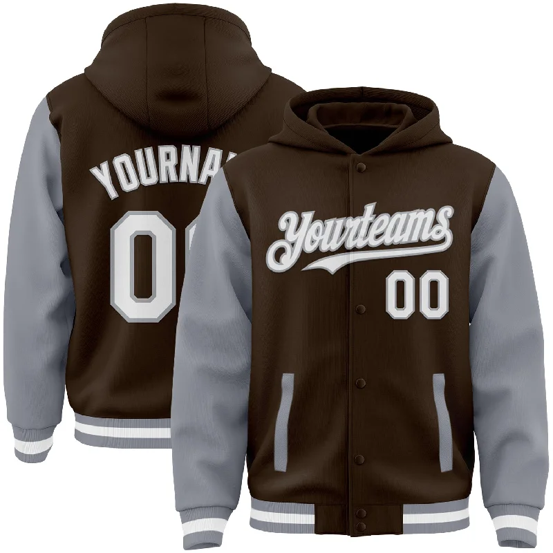 Functional And Stylish Unisex Outerwear Limited Time Offers Custom Brown White-Gray Bomber Full-Snap Varsity Letterman Two Tone Hoodie Jacket Functional And Stylish Unisex Outerwear Limited Time Offers Custom Brown White-Gray Bomber Full-Snap Varsity Letterman Two Tone Hoodie Jacket