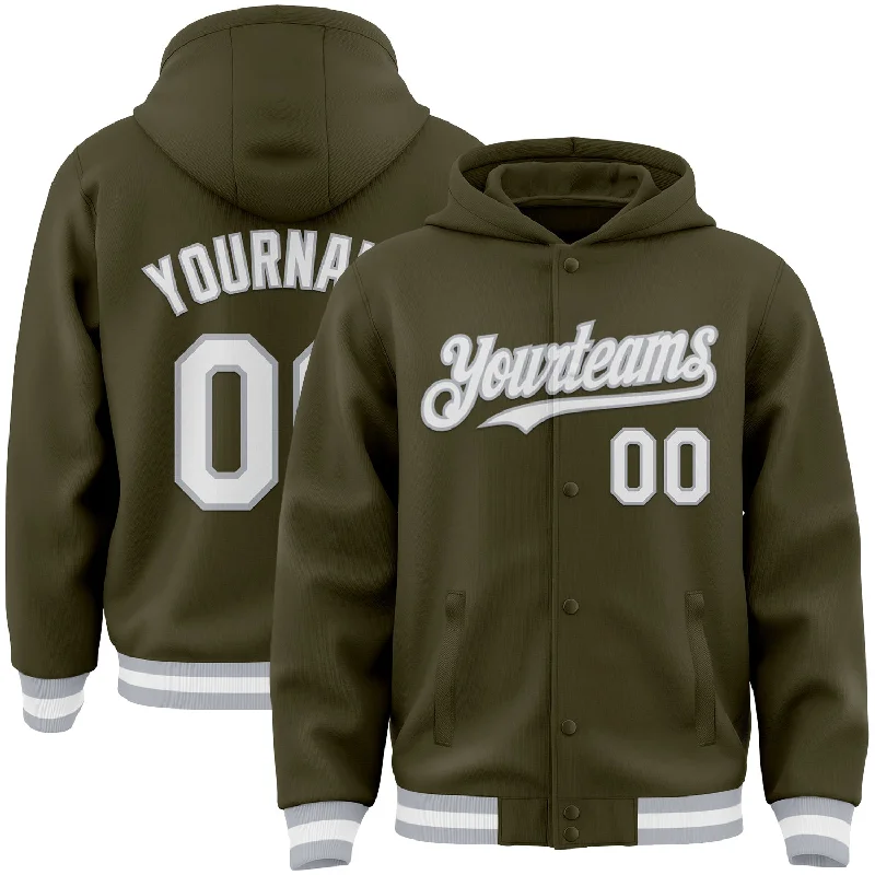 Minimalist Unisex Wardrobe Must-Haves Everyday Elegance Sale Custom Olive White-Gray Bomber Full-Snap Varsity Letterman Salute To Service Hoodie Jacket Minimalist Unisex Wardrobe Must-Haves Everyday Elegance Sale Custom Olive White-Gray Bomber Full-Snap Varsity Letterman Salute To Service Hoodie Jacket