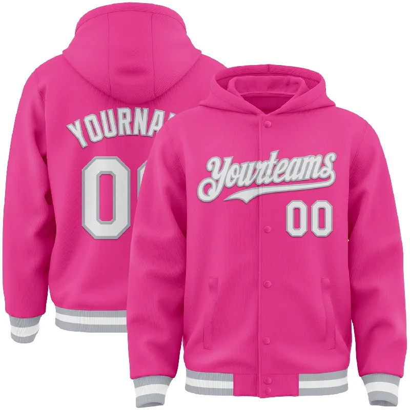 Minimalist Unisex Fashion Essentials Contemporary Chic Promotions Custom Pink White-Gray Bomber Full-Snap Varsity Letterman Hoodie Jacket Minimalist Unisex Fashion Essentials Contemporary Chic Promotions Custom Pink White-Gray Bomber Full-Snap Varsity Letterman Hoodie Jacket