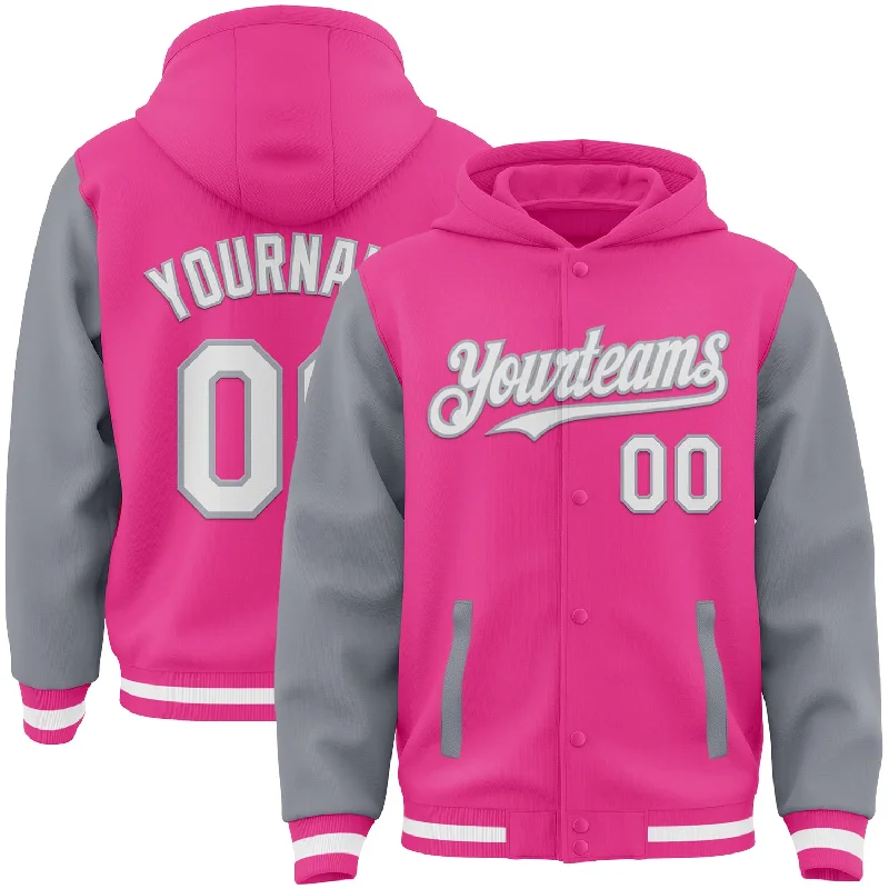 Sleek And Stylish Unisex Outerwear Vintage Style Deals Custom Pink White-Gray Bomber Full-Snap Varsity Letterman Two Tone Hoodie Jacket Sleek And Stylish Unisex Outerwear Vintage Style Deals Custom Pink White-Gray Bomber Full-Snap Varsity Letterman Two Tone Hoodie Jacket