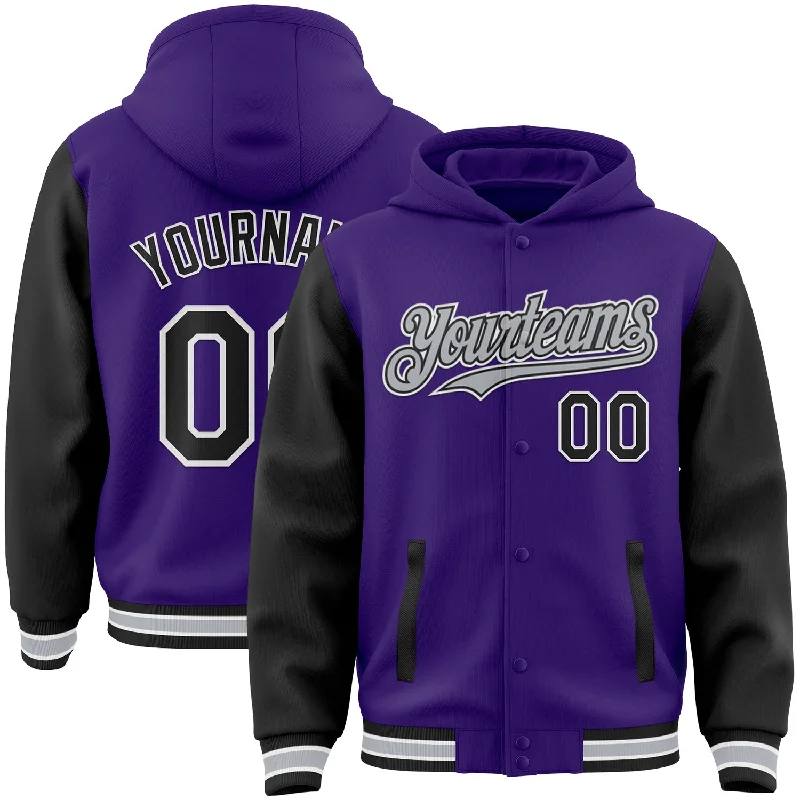Everyday Wear For Men And Women Top Deals Custom Purple Black-Gray Bomber Full-Snap Varsity Letterman Two Tone Hoodie Jacket Everyday Wear For Men And Women Top Deals Custom Purple Black-Gray Bomber Full-Snap Varsity Letterman Two Tone Hoodie Jacket