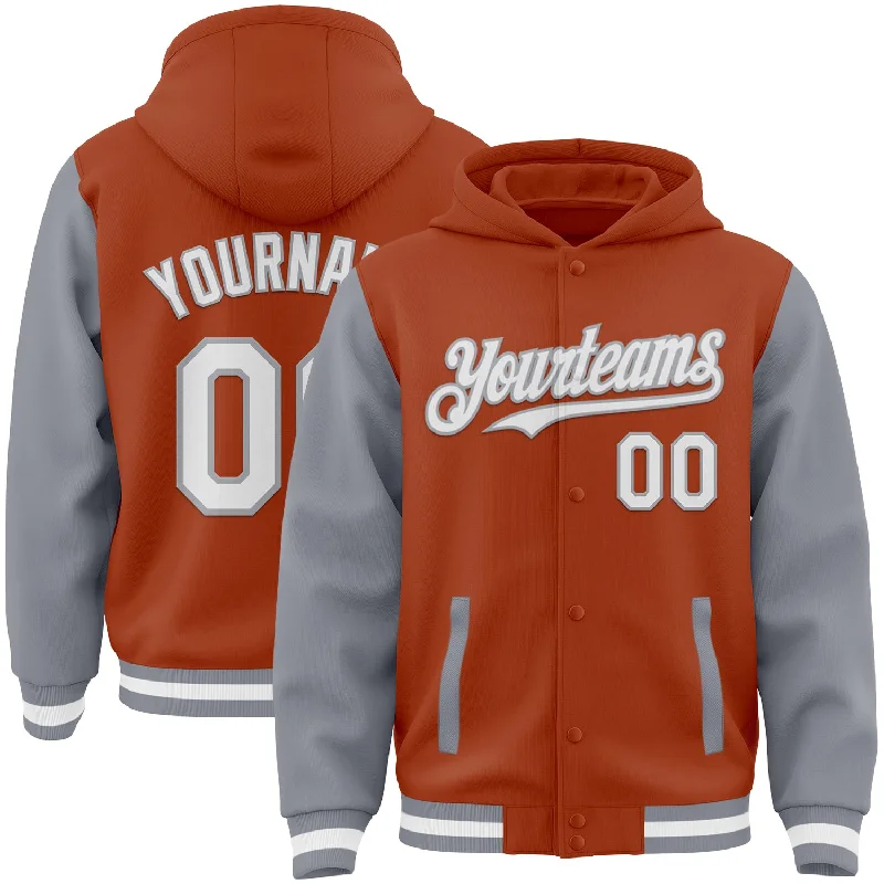 Comfortable And Stylish Unisex Outfits Luxe Style Discounts Custom Texas Orange White-Gray Bomber Full-Snap Varsity Letterman Two Tone Hoodie Jacket Comfortable And Stylish Unisex Outfits Luxe Style Discounts Custom Texas Orange White-Gray Bomber Full-Snap Varsity Letterman Two Tone Hoodie Jacket