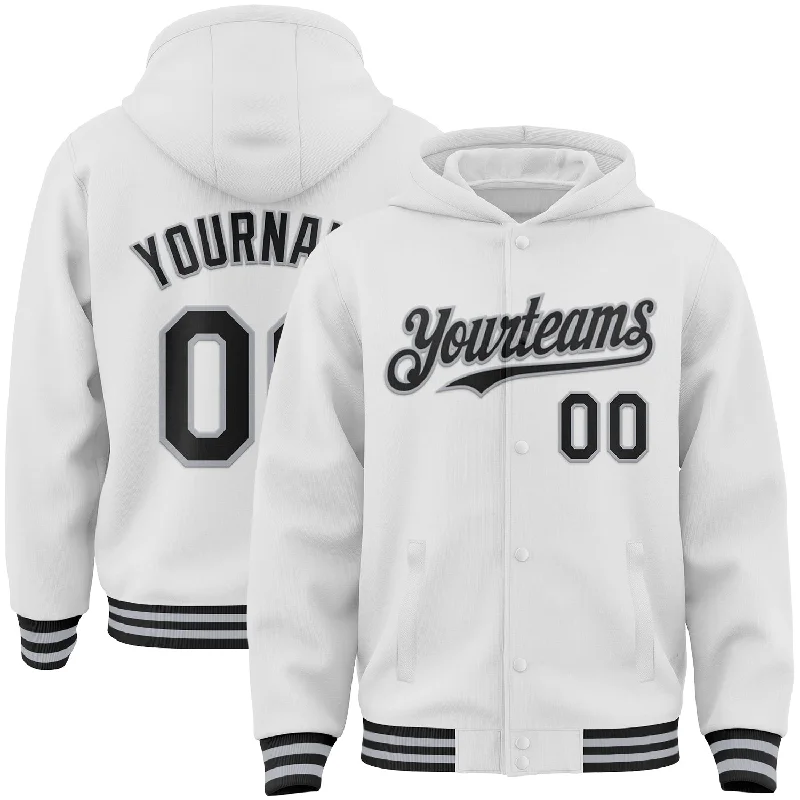 Fashion-Forward Gender-Neutral Outfit Ideas Budget-Friendly Fashion Custom White Black-Gray Bomber Full-Snap Varsity Letterman Hoodie Jacket Fashion-Forward Gender-Neutral Outfit Ideas Budget-Friendly Fashion Custom White Black-Gray Bomber Full-Snap Varsity Letterman Hoodie Jacket