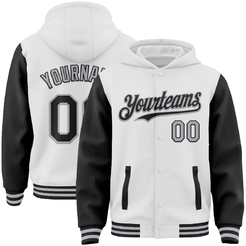 Chic And Casual Unisex Fashion Trends Fresh Fashion Discounts Custom White Black-Gray Bomber Full-Snap Varsity Letterman Two Tone Hoodie Jacket Chic And Casual Unisex Fashion Trends Fresh Fashion Discounts Custom White Black-Gray Bomber Full-Snap Varsity Letterman Two Tone Hoodie Jacket