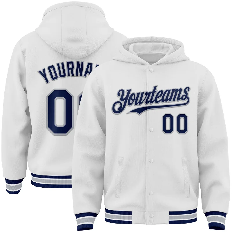 Versatile Clothing For All Genders Special Offers, Don't Miss Custom White Navy-Gray Bomber Full-Snap Varsity Letterman Hoodie Jacket Versatile Clothing For All Genders Special Offers, Don't Miss Custom White Navy-Gray Bomber Full-Snap Varsity Letterman Hoodie Jacket