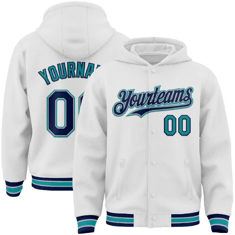 Modern Unisex Wardrobe Staples You'Ll Love Us Because Custom White Navy Gray-Teal Bomber Full-Snap Varsity Letterman Hoodie Jacket Modern Unisex Wardrobe Staples You'Ll Love Us Because Custom White Navy Gray-Teal Bomber Full-Snap Varsity Letterman Hoodie Jacket