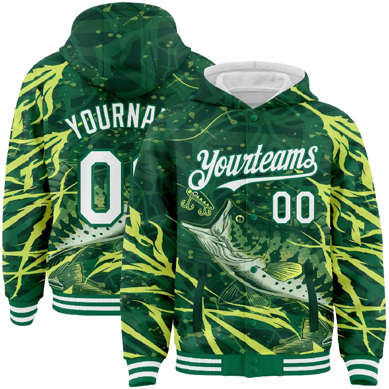 Classic And Timeless Gender-Neutral Fashion Huge Price Cut Custom Kelly Green White Largemouth Bass Fish Fishing 3D Bomber Full-Snap Varsity Letterman Hoodie Jacket