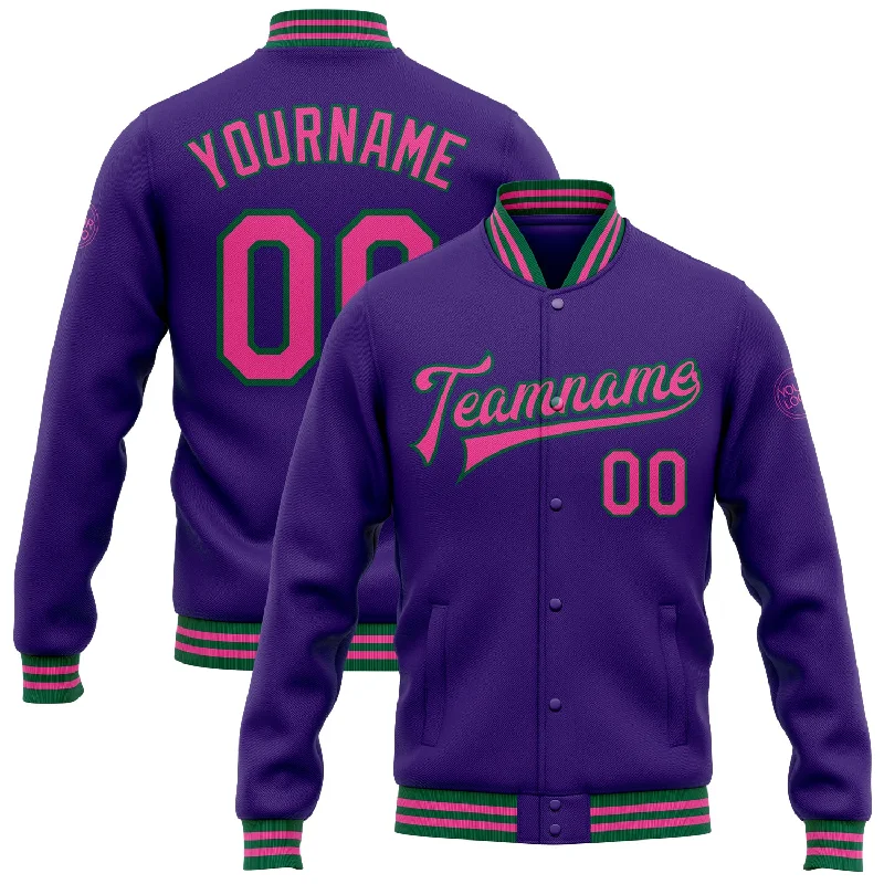 Unisex Casual Fashion Trends Trendy Threads Custom Purple Pink-Kelly Green Bomber Full-Snap Varsity Letterman Jacket Unisex Casual Fashion Trends Trendy Threads Custom Purple Pink-Kelly Green Bomber Full-Snap Varsity Letterman Jacket
