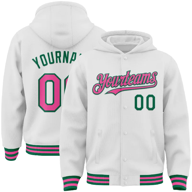 Urban-Inspired Unisex Fashion Trends New Season Fashion Preview Custom White Pink-Kelly Green Bomber Full-Snap Varsity Letterman Hoodie Jacket Urban-Inspired Unisex Fashion Trends New Season Fashion Preview Custom White Pink-Kelly Green Bomber Full-Snap Varsity Letterman Hoodie Jacket