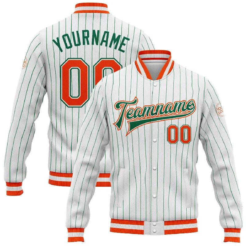 Oversized Unisex Fashion Pieces Imeless Style Custom White Kelly Green Pinstripe Orange-Kelly Green Bomber Full-Snap Varsity Letterman Jacket Oversized Unisex Fashion Pieces Imeless Style Custom White Kelly Green Pinstripe Orange-Kelly Green Bomber Full-Snap Varsity Letterman Jacket