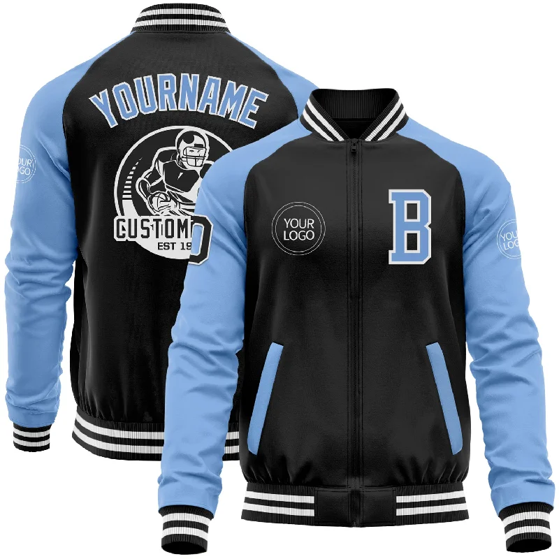 Elegant And Minimal Gender-Free Clothing Discover Promotions Custom Black Light Blue-White Bomber Varsity Letterman Two Tone Zipper Jacket Elegant And Minimal Gender-Free Clothing Discover Promotions Custom Black Light Blue-White Bomber Varsity Letterman Two Tone Zipper Jacket