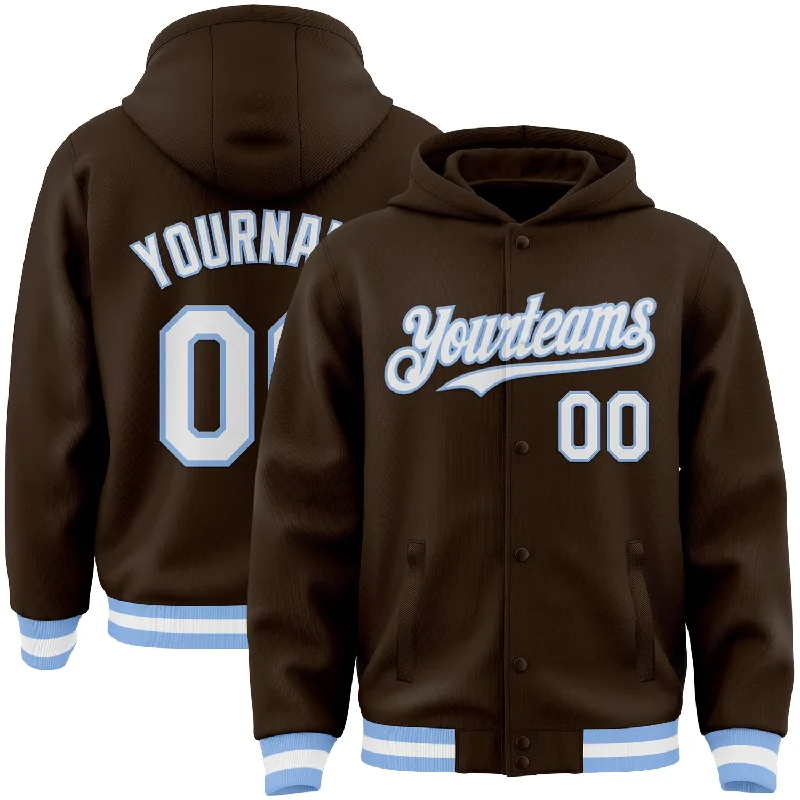 Urban-Inspired Unisex Fashion Pieces Find Your Unique Flair Custom Brown White-Light Blue Bomber Full-Snap Varsity Letterman Hoodie Jacket Urban-Inspired Unisex Fashion Pieces Find Your Unique Flair Custom Brown White-Light Blue Bomber Full-Snap Varsity Letterman Hoodie Jacket