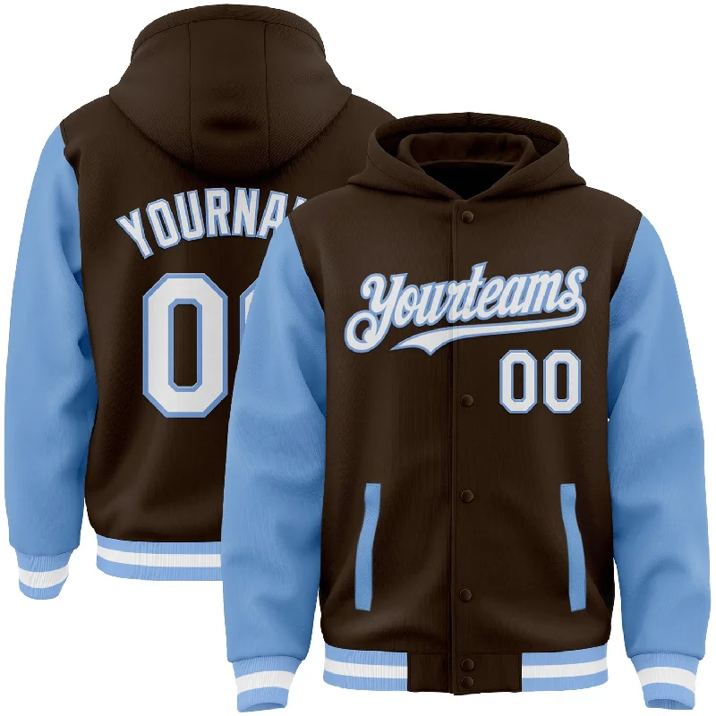 Urban-Inspired Unisex Fashion Trends Quick Grab Deals Custom Brown White-Light Blue Bomber Full-Snap Varsity Letterman Two Tone Hoodie Jacket Urban-Inspired Unisex Fashion Trends Quick Grab Deals Custom Brown White-Light Blue Bomber Full-Snap Varsity Letterman Two Tone Hoodie Jacket