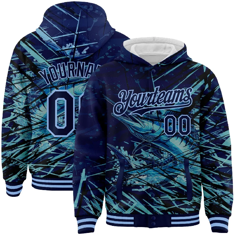 Urban-Inspired Unisex Fashion Trends Explore What'S New Custom Navy Light Blue Marlin Fish Fishing 3D Bomber Full-Snap Varsity Letterman Hoodie Jacket