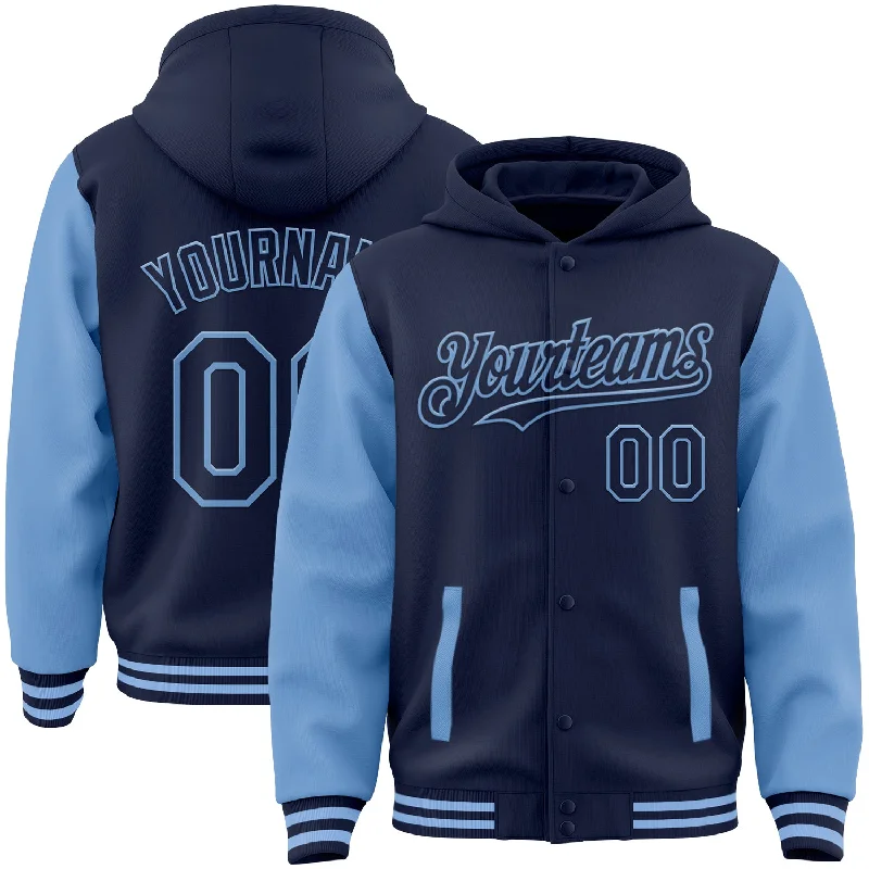 High-Quality Unisex Basics For Everyday Wear Browse Our Top Products Custom Navy Light Blue Bomber Full-Snap Varsity Letterman Two Tone Hoodie Jacket