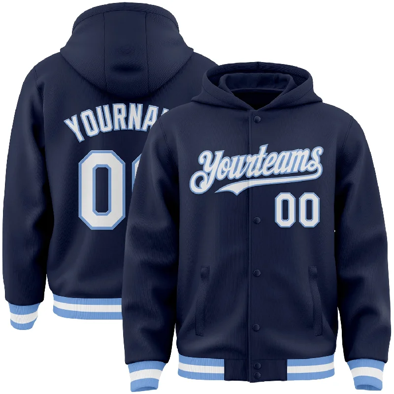 Gender-Neutral Trendy Clothing Styles Clearance Sale, All Cheap Custom Navy White-Light Blue Bomber Full-Snap Varsity Letterman Hoodie Jacket